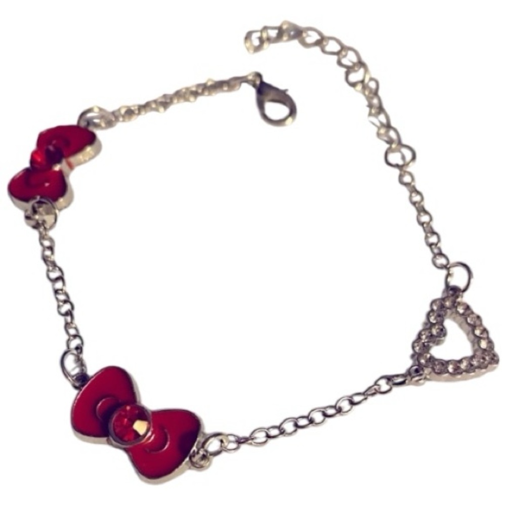 Bracelet, Rhinestones, Heart, bows, Silvertone, playful, Minnie Mouse​, NWOT